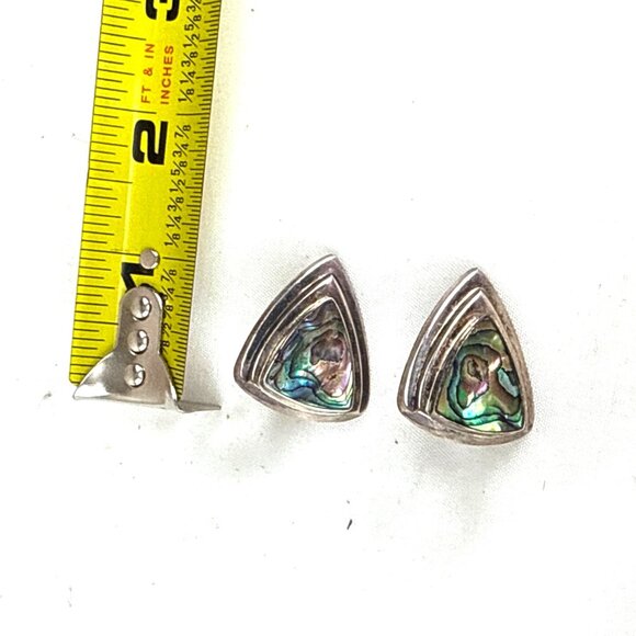 925 Sterling Silver Abalone Shell Triangle Stud Earrings Vintage Modernist - Picture 7 of 7